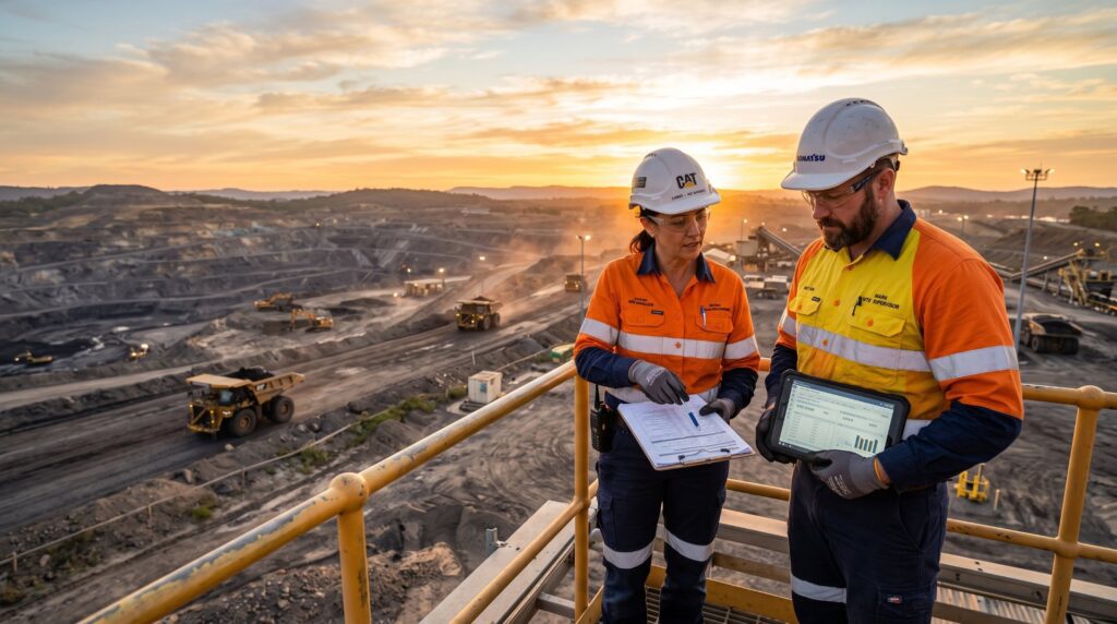 RIIGOV601E Establish, Maintain and Develop a Statutory Compliance Management System - mining professionals reviewing compliance documentation on site
