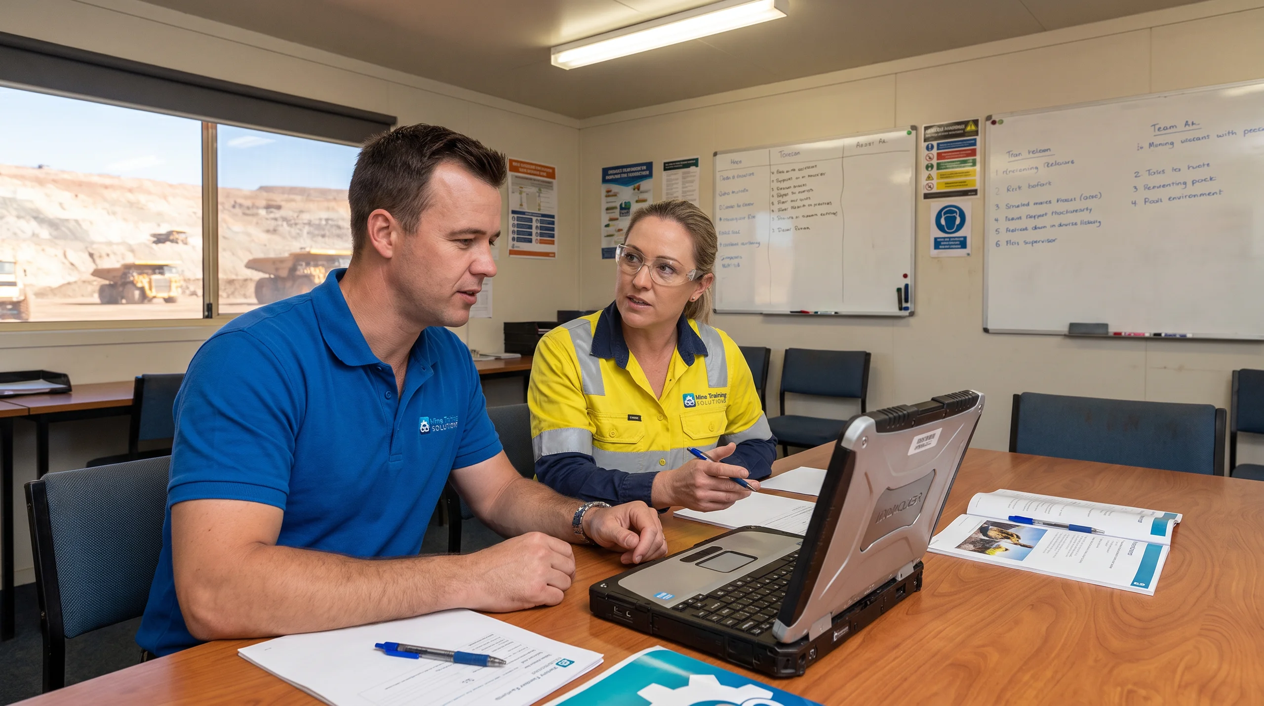 A man in a blue shirt and a woman in a yellow and blue shirt are seated at a table, discussing while looking at a laptop in a classroom-like setting.