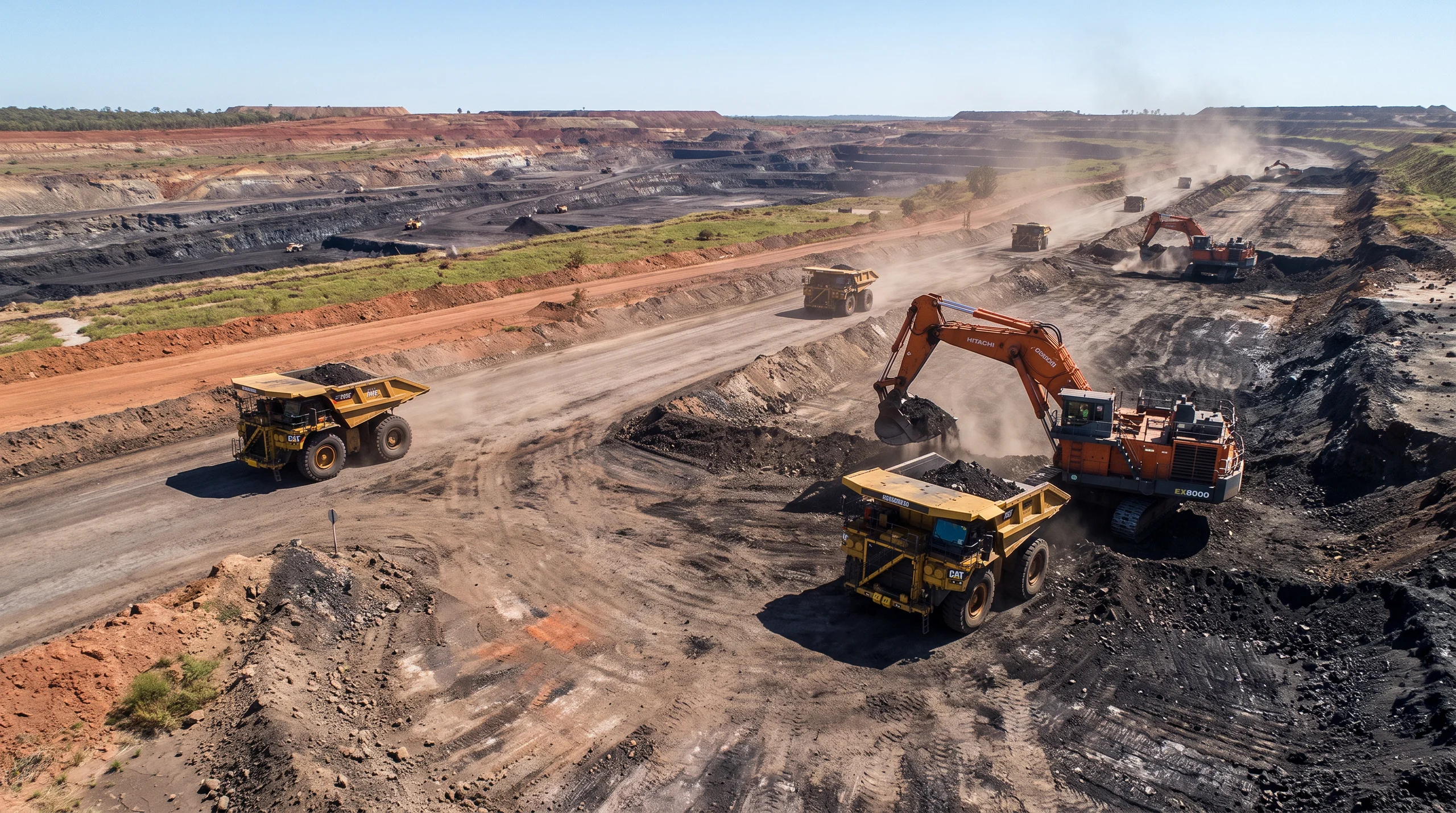 A large open-pit mining site with several heavy machinery vehicles, including dump trucks and an excavator, working on a dusty road surrounded by earth and rock.